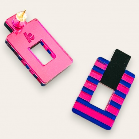 pendientes de metacrilato espejo rectangular en azul electrico y fucsia