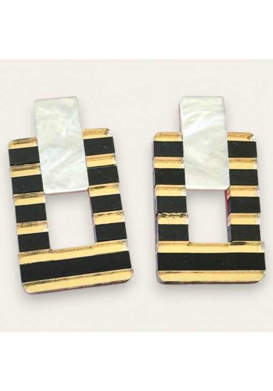 pendientes de metacrilato espejo rectangular en dorado y negro con nacar blanco