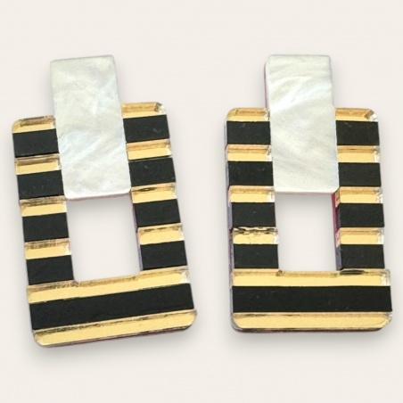 pendientes de metacrilato espejo rectangular en dorado y negro con nacar blanco