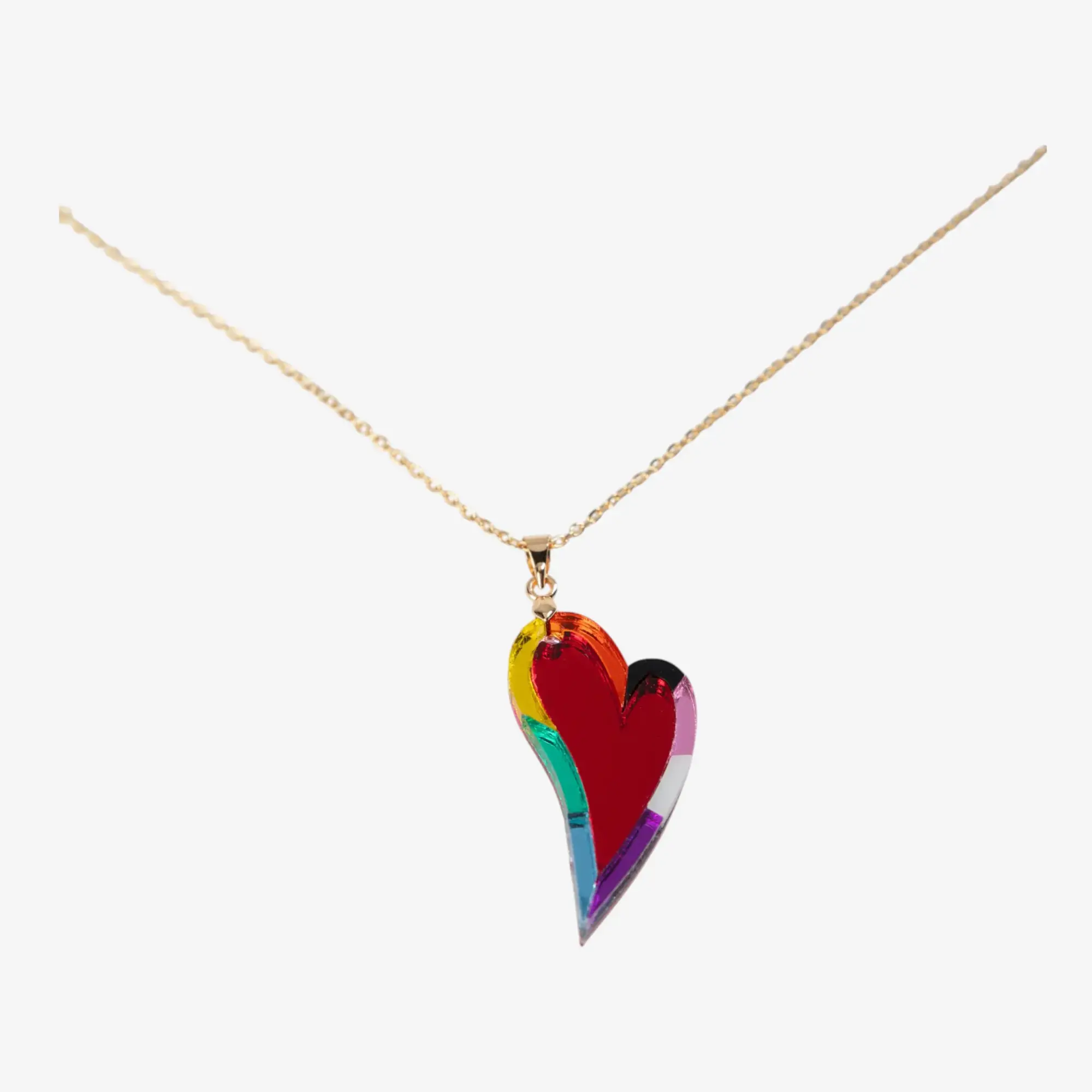 Colgante Latido en forma de corazón alargado, disponible en dos colores y montado en cadena de plata de ley 925 o chapado en oro de 18k. Diseño moderno y sofisticado en metacrilato espejo.