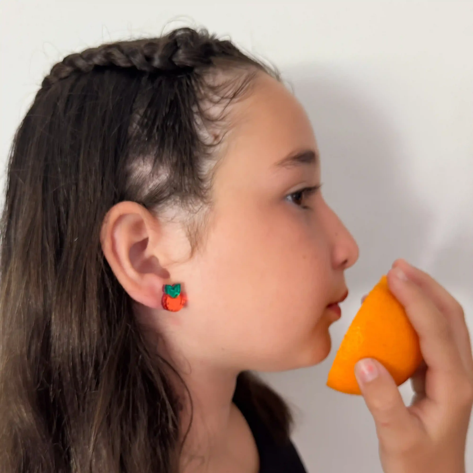 pendienes de metacrilato con foma de naranja y mandarina para niña y mami