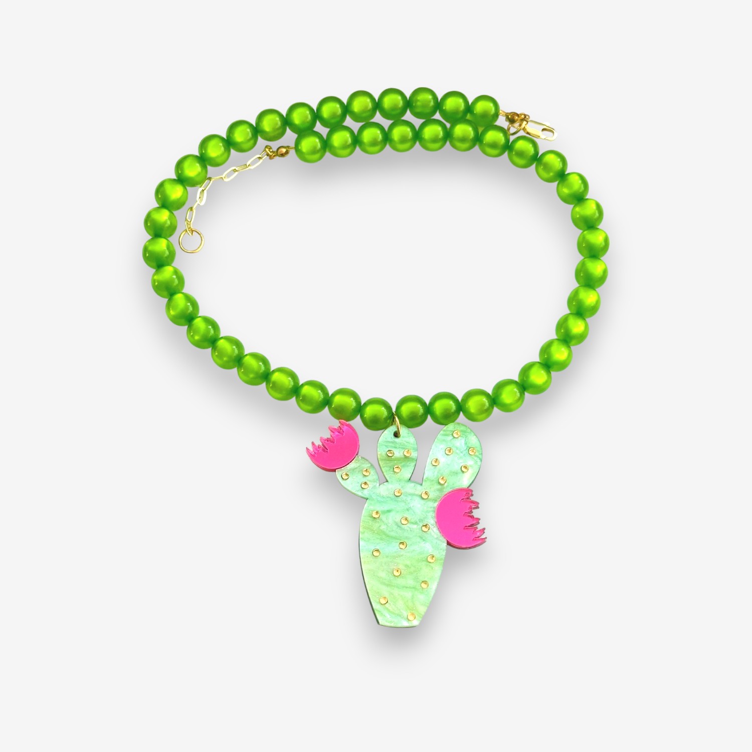 Collar cactus metacrilato PENCA LOVE en verde y fucsia – QueKoqueta joyería hecha a mano