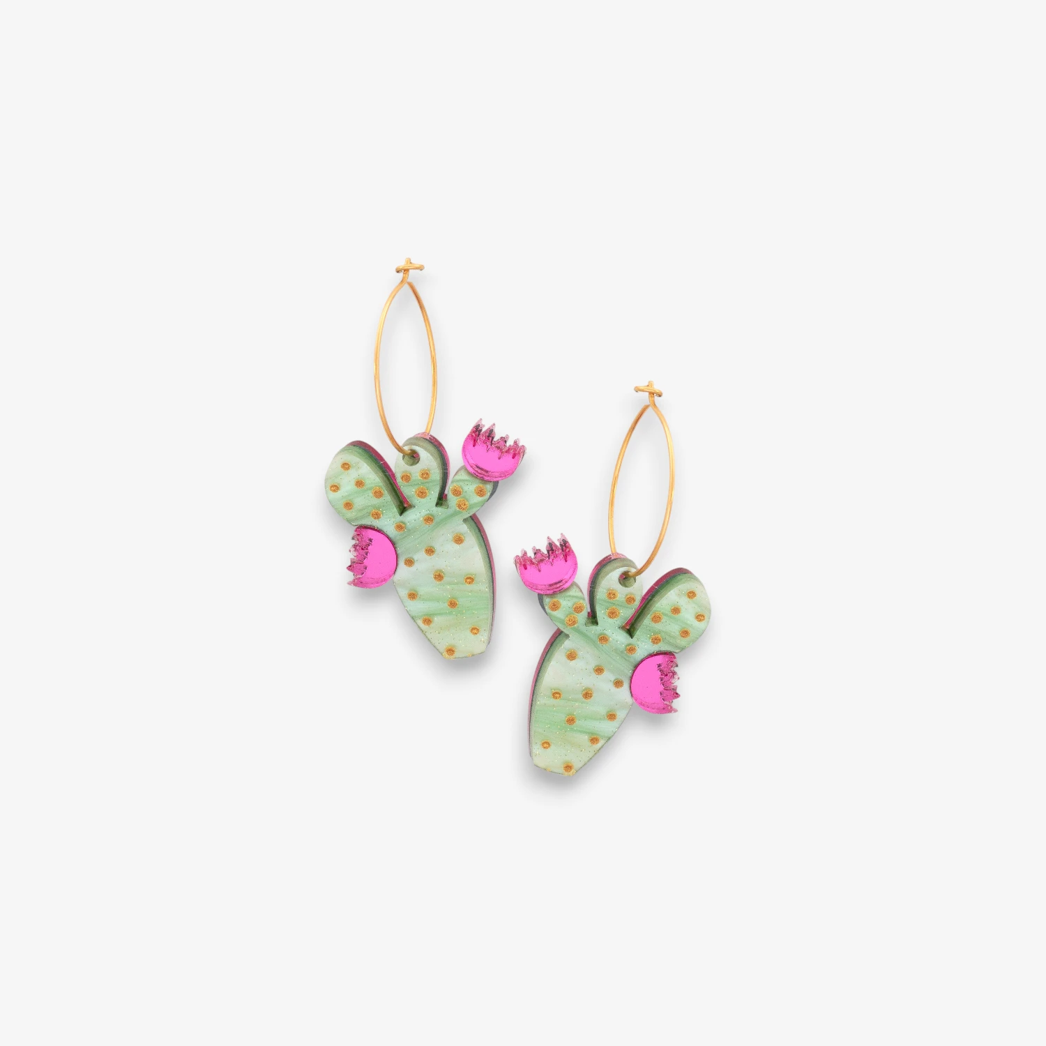 Pendientes cactus metacrilato aro – Aros Penca Love con flores fucsia y aro dorado – QueKoqueta