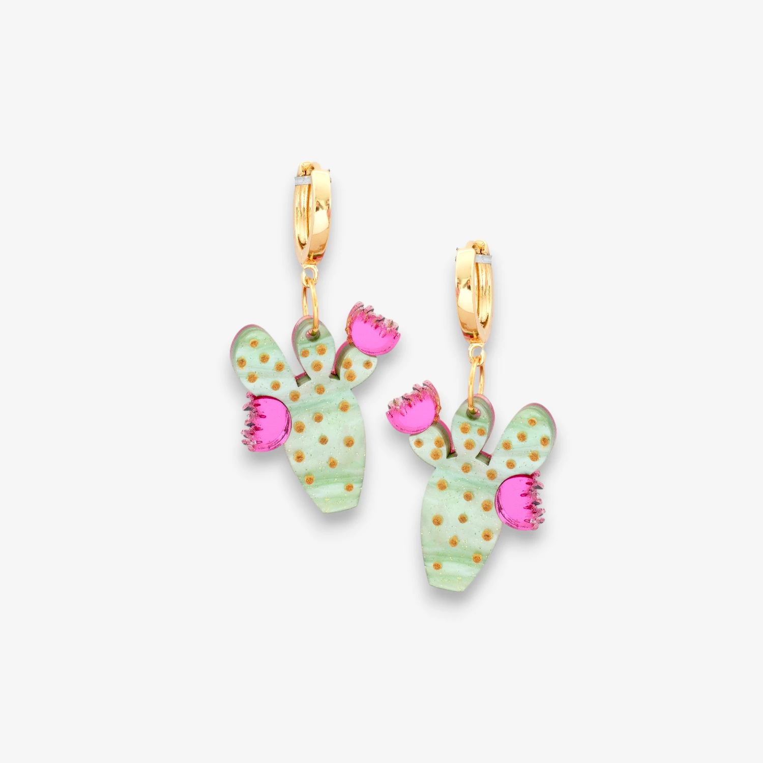Pendientes cactus charms Penca Love en metacrilato verde pastel con flores fucsia espejo
