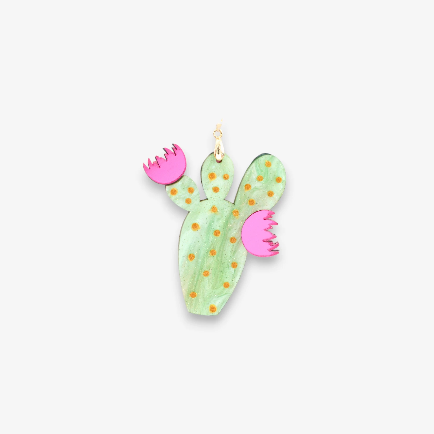 Colgante cactus metacrilato Penca Love Mini con flores fucsias y enganche dorado